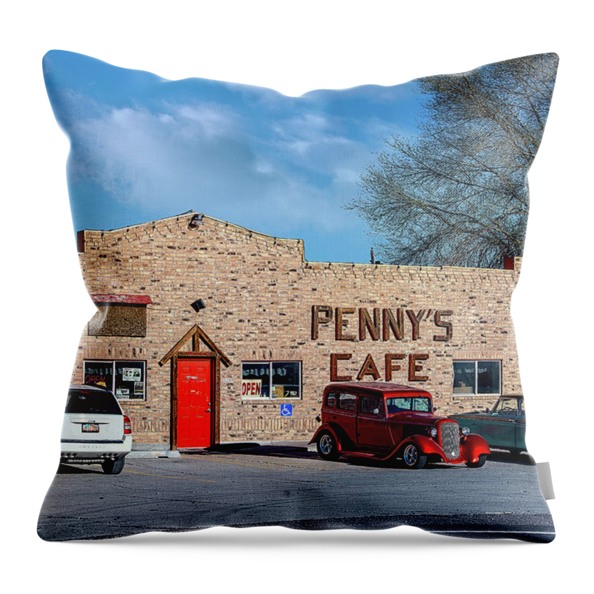 Penney Throw Pillow featuring the photograph Pennys Cafe by Fon Denton