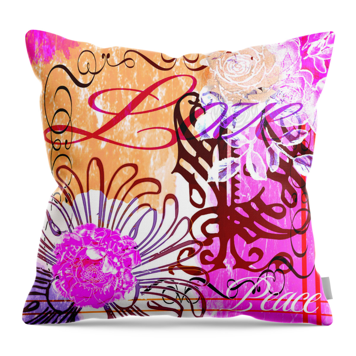 Peony Throw Pillow featuring the digital art Peony Floral Collage in Pink and Orange by Delynn Addams