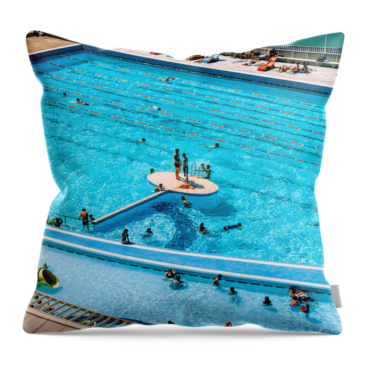 Adult Throw Pillow featuring the drawing People enjoying public swimming pool by Julien