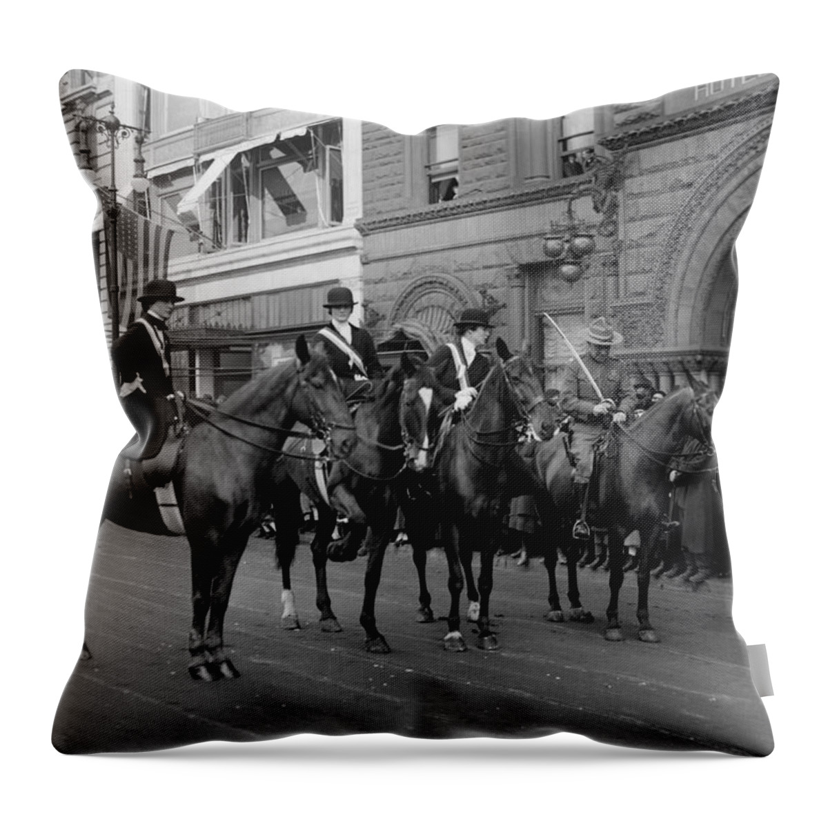 Parade Throw Pillow featuring the photograph People On Horseback Before Patriot's Day Celebration - NYC 1917 by War Is Hell Store