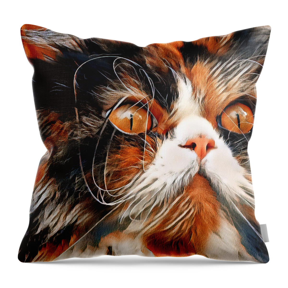Persian Cat Throw Pillow featuring the digital art Persian cat with long whiskers close-up - white, black and brown digital painting by Nicko Prints