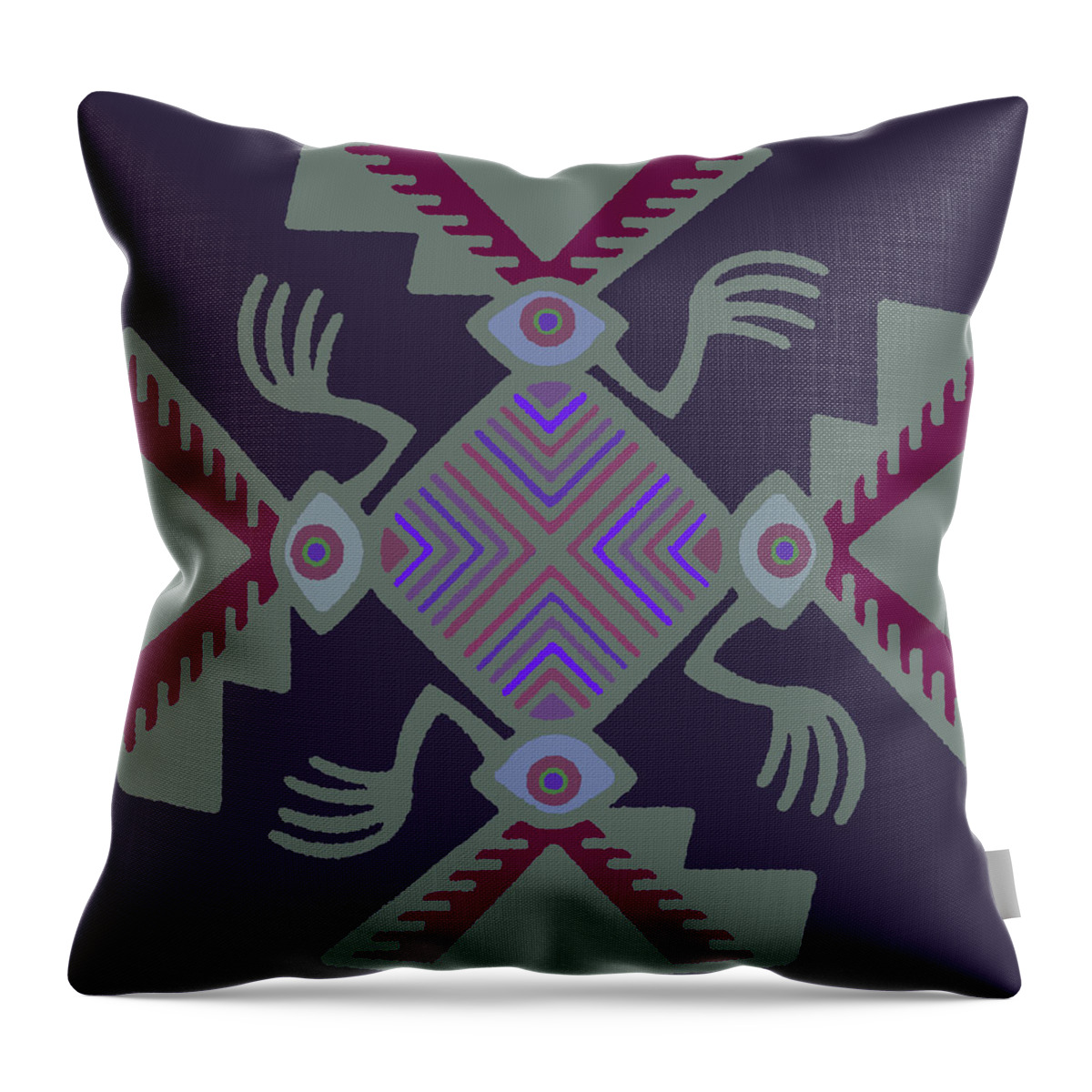Inca Spirits Throw Pillow featuring the digital art Peruvian Inca Pajaro Spirit - Purple Light Green Red by Vagabond Folk Art - Virginia Vivier