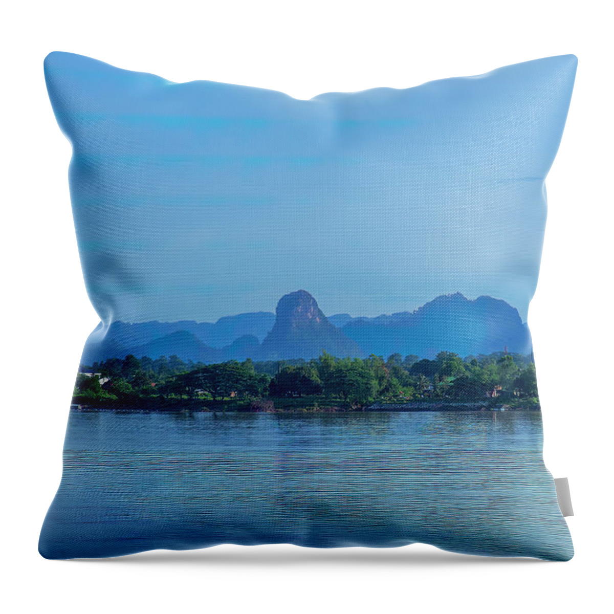 Scenic Throw Pillow featuring the photograph Phanom Naga Park Mekong River and Mountains in Laos DTHNP0311 by Gerry Gantt