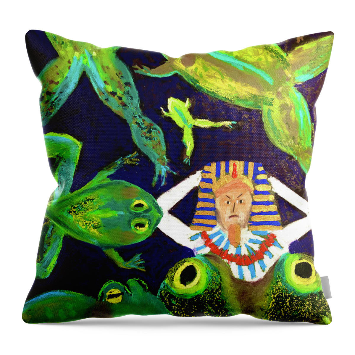 Bible Stories Throw Pillow featuring the painting Pharaoh and the Frogs by Polly Castor