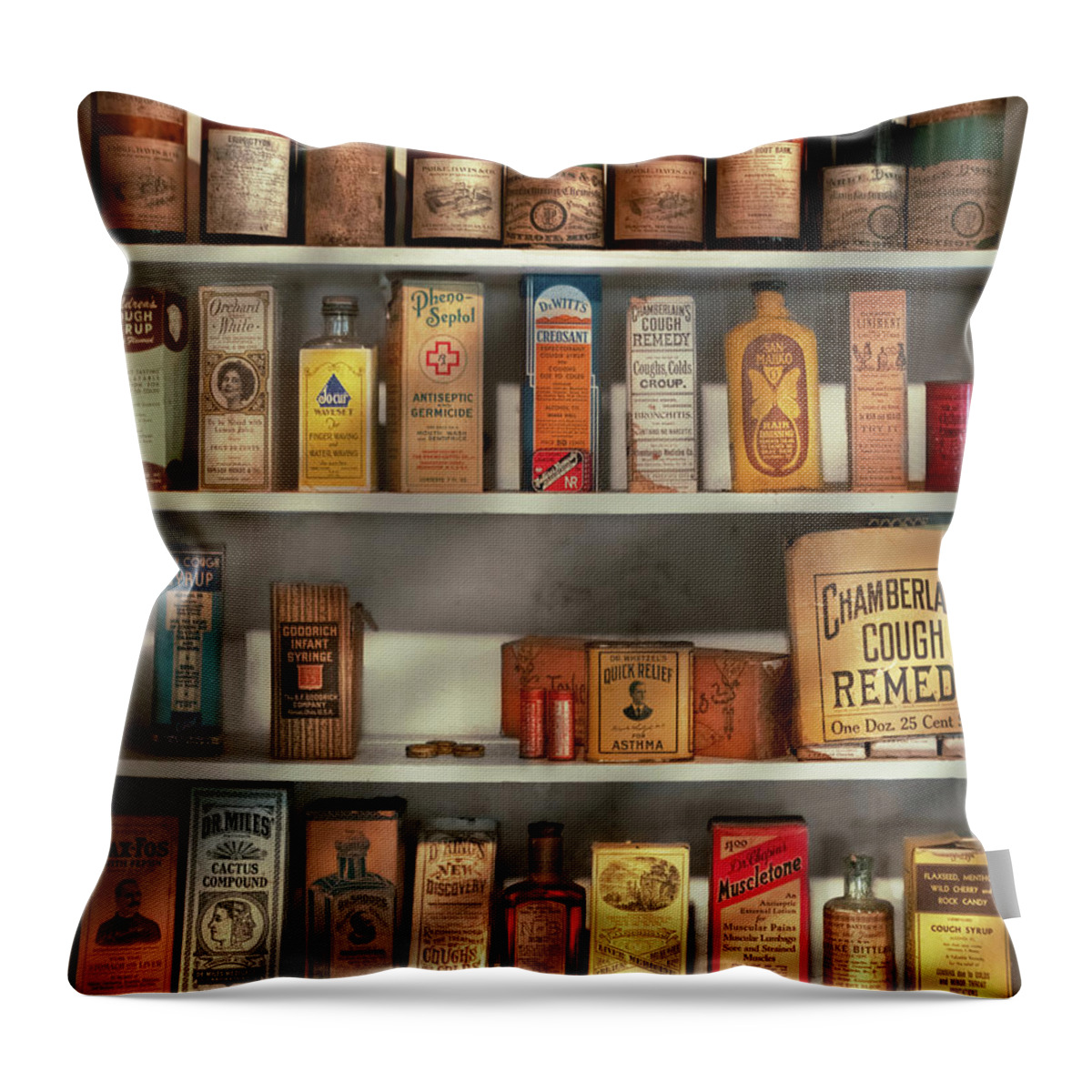 Pharmacist Throw Pillow featuring the photograph Pharmacy - Many coughing cures by Mike Savad