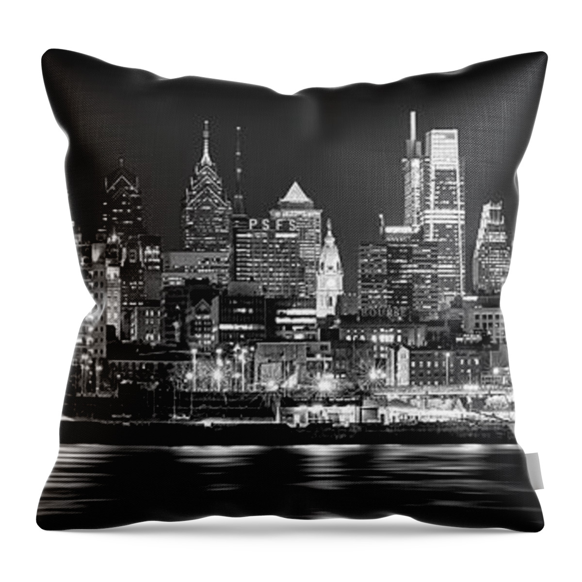 #faatoppicks Throw Pillow featuring the photograph Philadelphia Philly Skyline at Night from East Black and White BW by Jon Holiday
