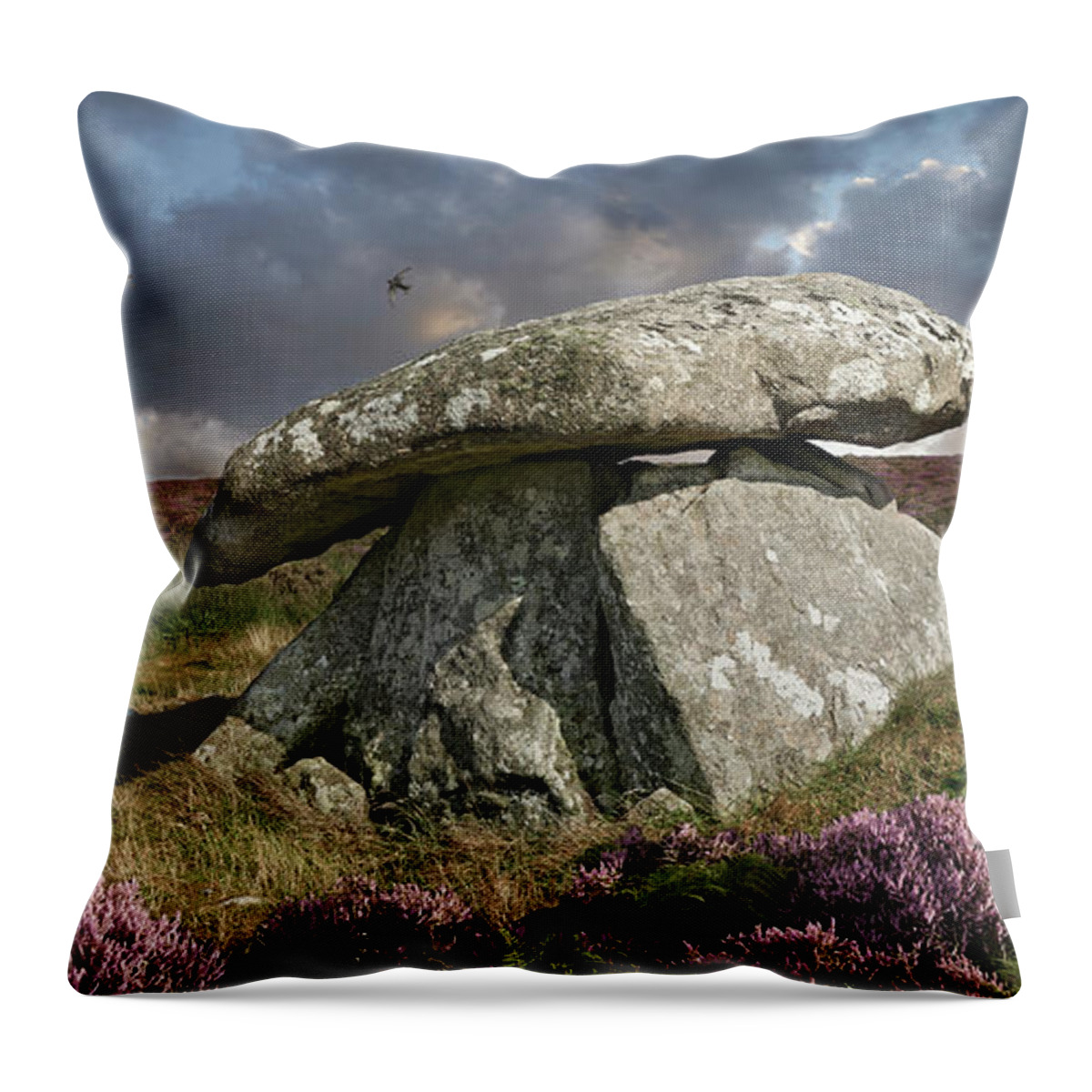 Chun Quoit Throw Pillow featuring the photograph Ancient Stone - Photo of Chun Quoit, Cornwall by Paul E Williams