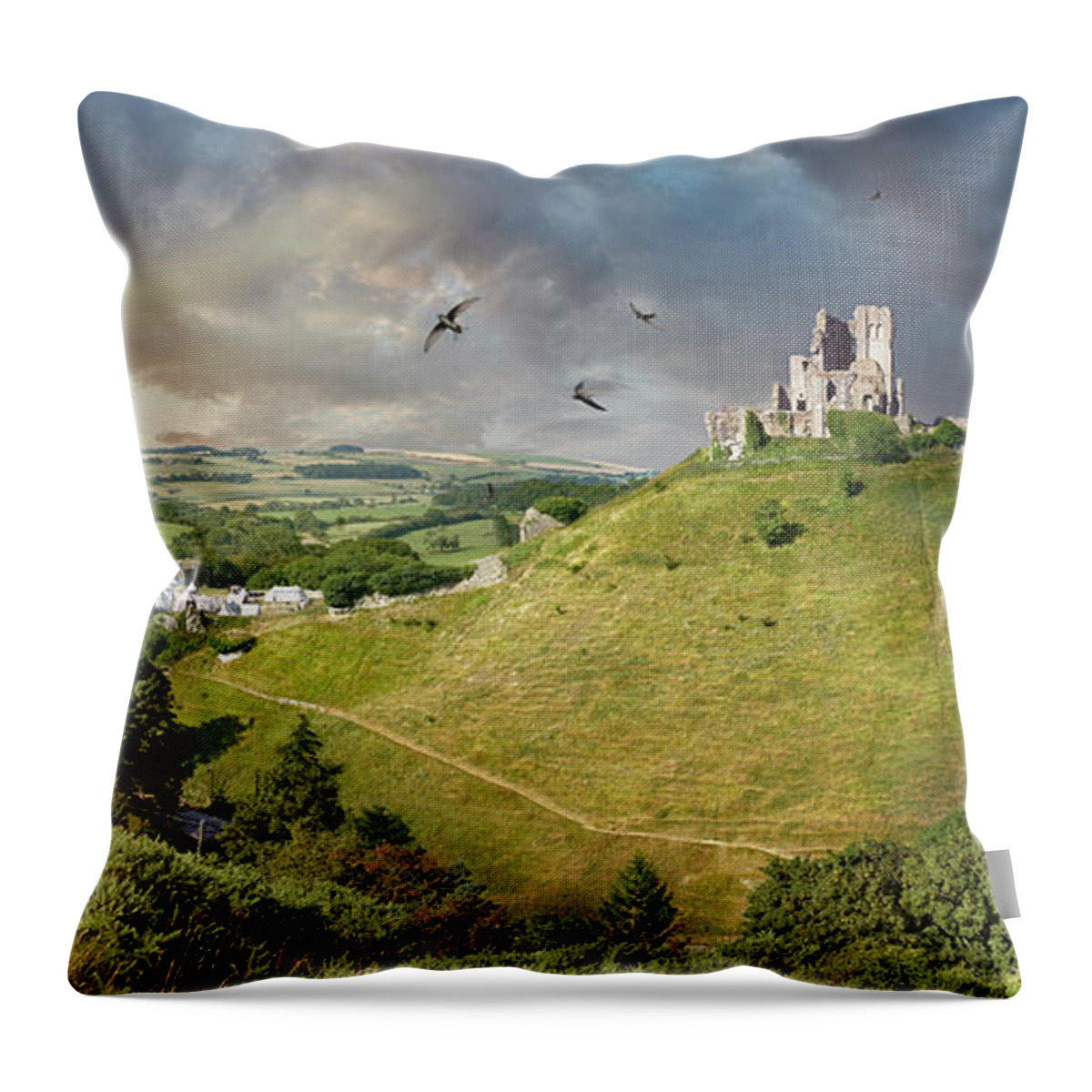 Corfe Castle Throw Pillow featuring the photograph Photo of Corfe castle Keep , Dorset England #1 by Paul E Williams