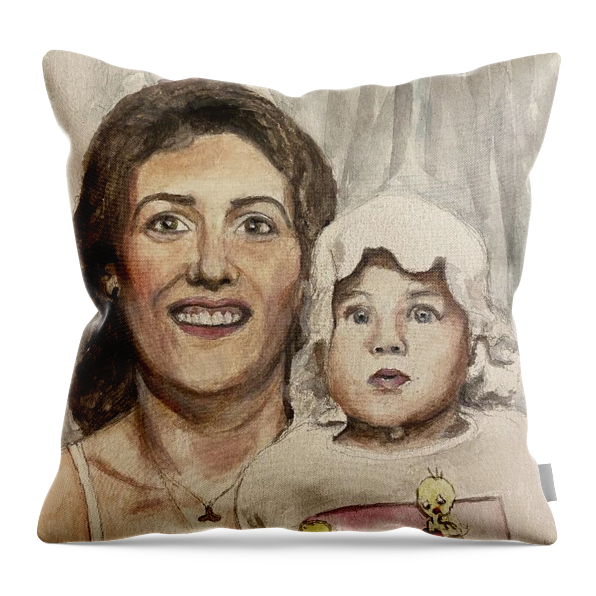 Mom And Daughter Throw Pillow featuring the painting Photobooth 2 by Jamie Derr