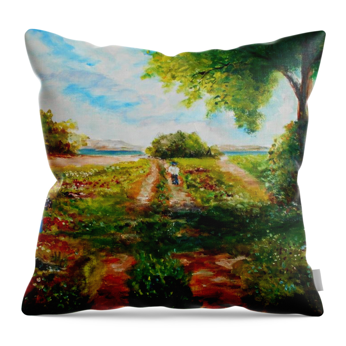 Landscapes Throw Pillow featuring the painting Picking Spring flowers by Konstantinos Charalampopoulos