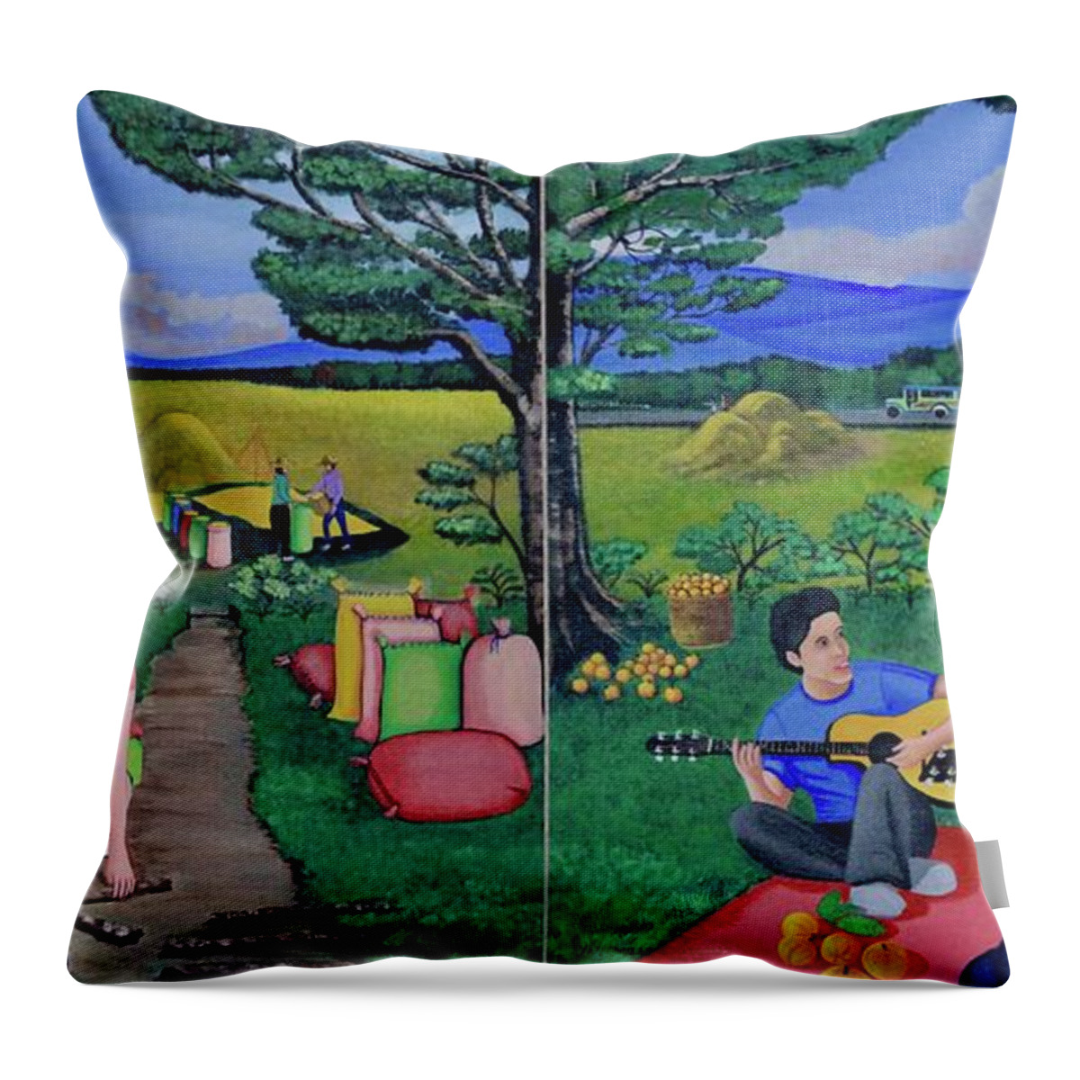 All Products Throw Pillow featuring the painting Picnic with the Farmers and Playing Melodies under the Shade of Trees by Lorna Maza
