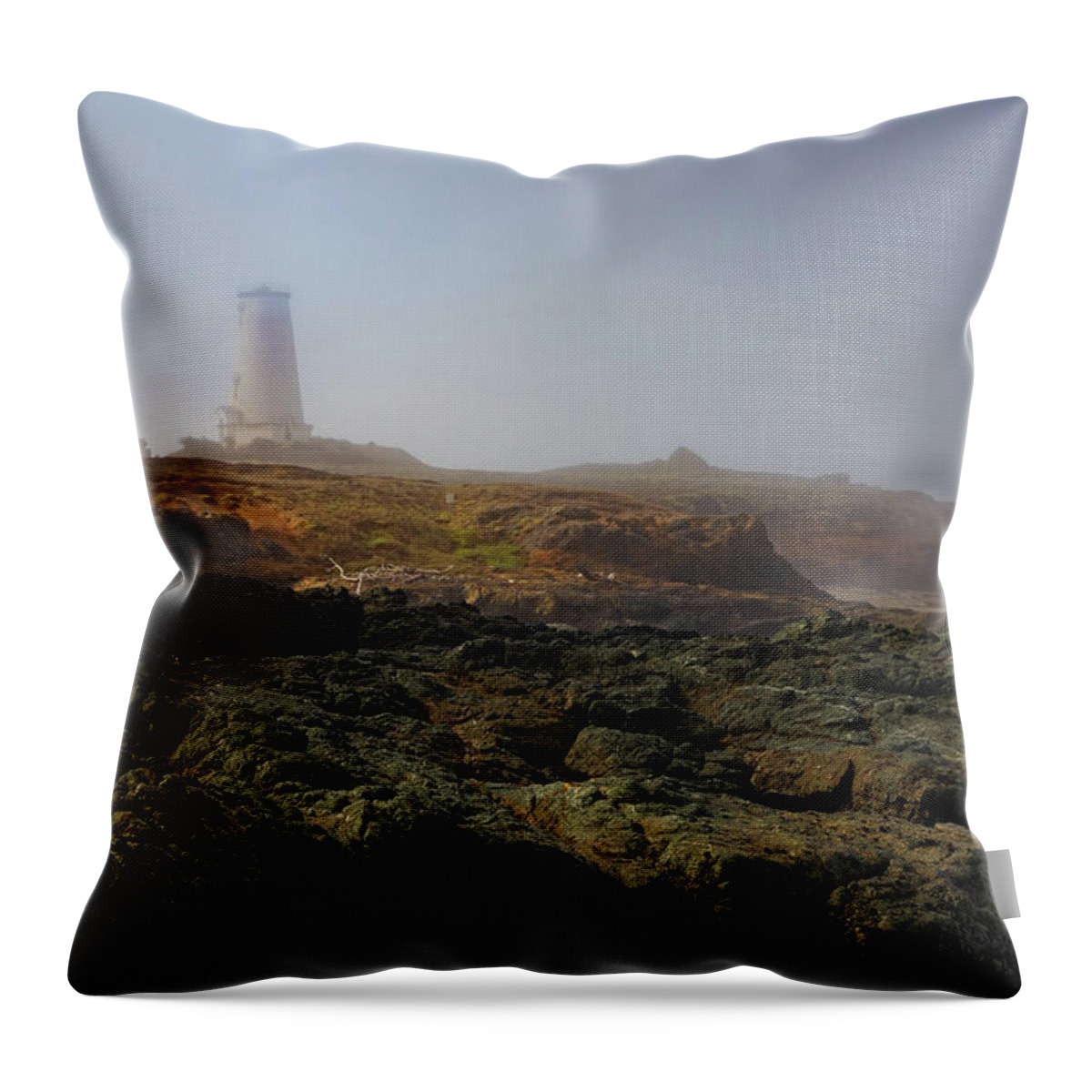 Piedras Blancas Throw Pillow featuring the photograph Piedras Blancas Lighthouse Peeking Out Of The Fog by Lars Mikkelsen