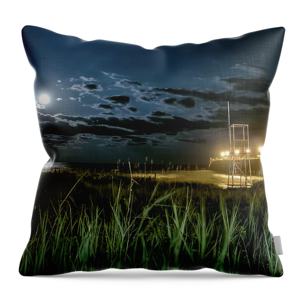 Full Moon Throw Pillow featuring the photograph Pier And Full Moon by Phil Mancuso
