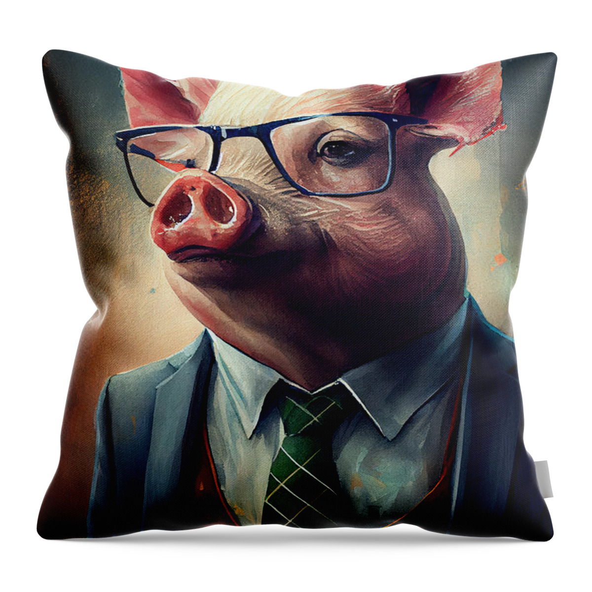 Pig Throw Pillow featuring the painting Pig in Suit Watercolor Hipster Animal Retro Costume by Jeff Creation