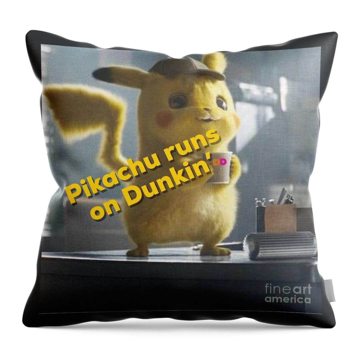 Detective Throw Pillow featuring the digital art Pikachu Runs on Dunkin by Elena Pratt