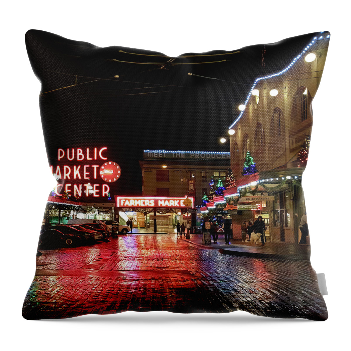 Pikes Market Throw Pillow featuring the photograph Pikes Market at Night by Cathy Anderson