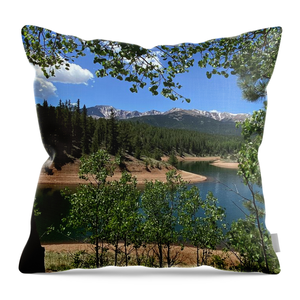 Trees Throw Pillow featuring the photograph Pikes Peak and South Catamount Reservoir by Carol Milisen