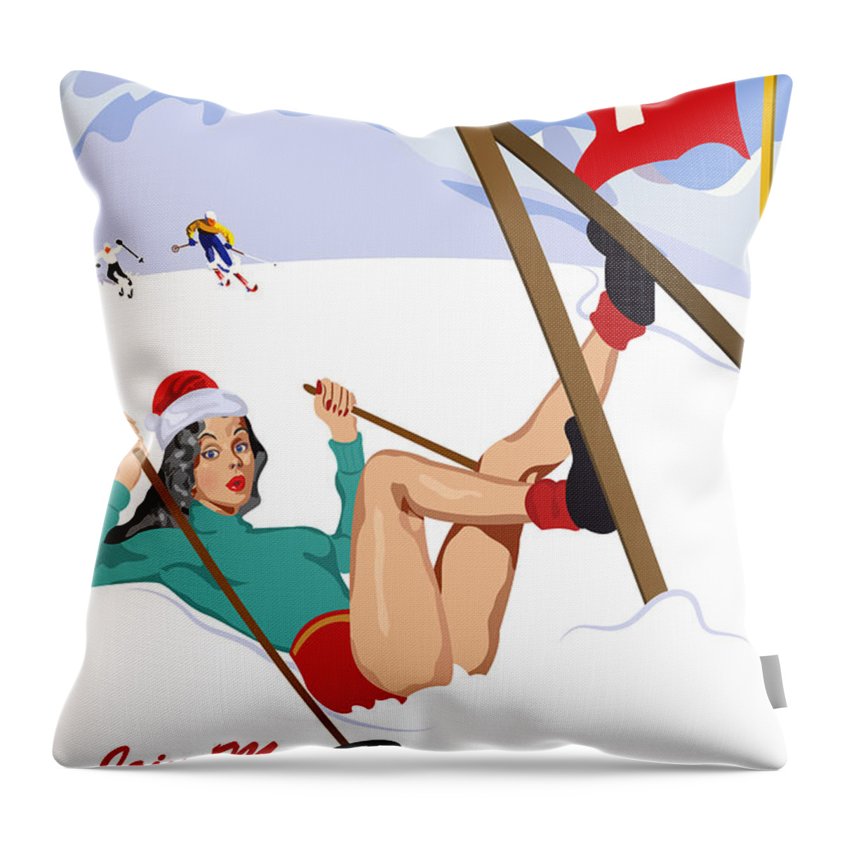 Sexy Throw Pillow featuring the digital art Pin-up girl on Ski School Accident by Long Shot
