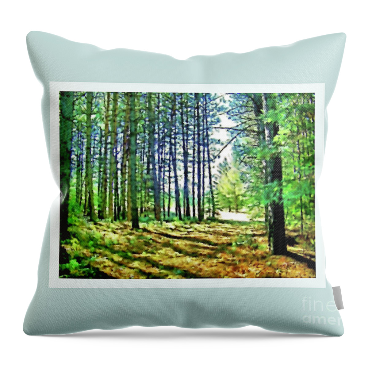 Woods Throw Pillow featuring the photograph Pine Tree Path by Shirley Moravec