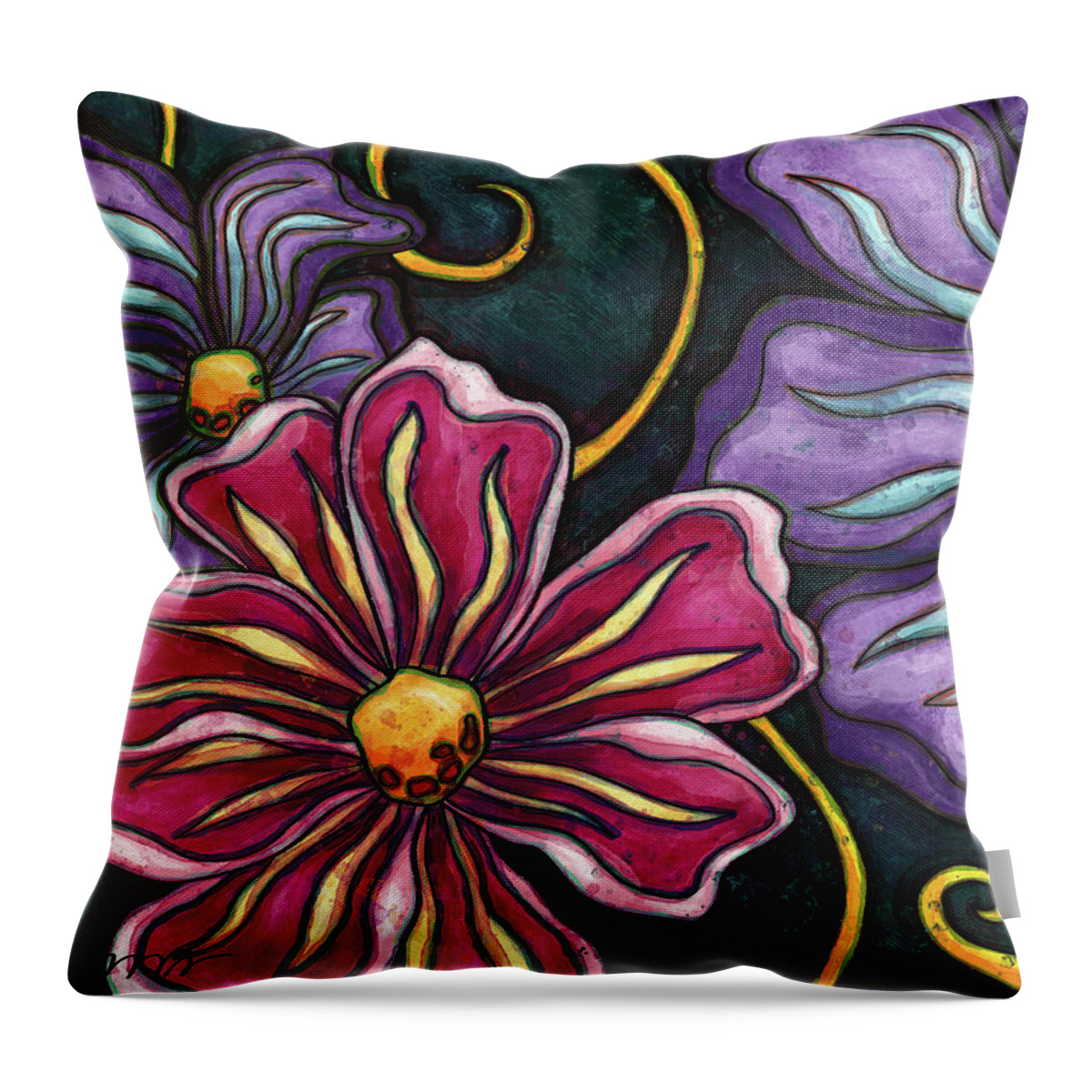 Pink Flowers Throw Pillow featuring the painting Pink and purple cosmos flowers, colorful flowers by Nadia CHEVREL