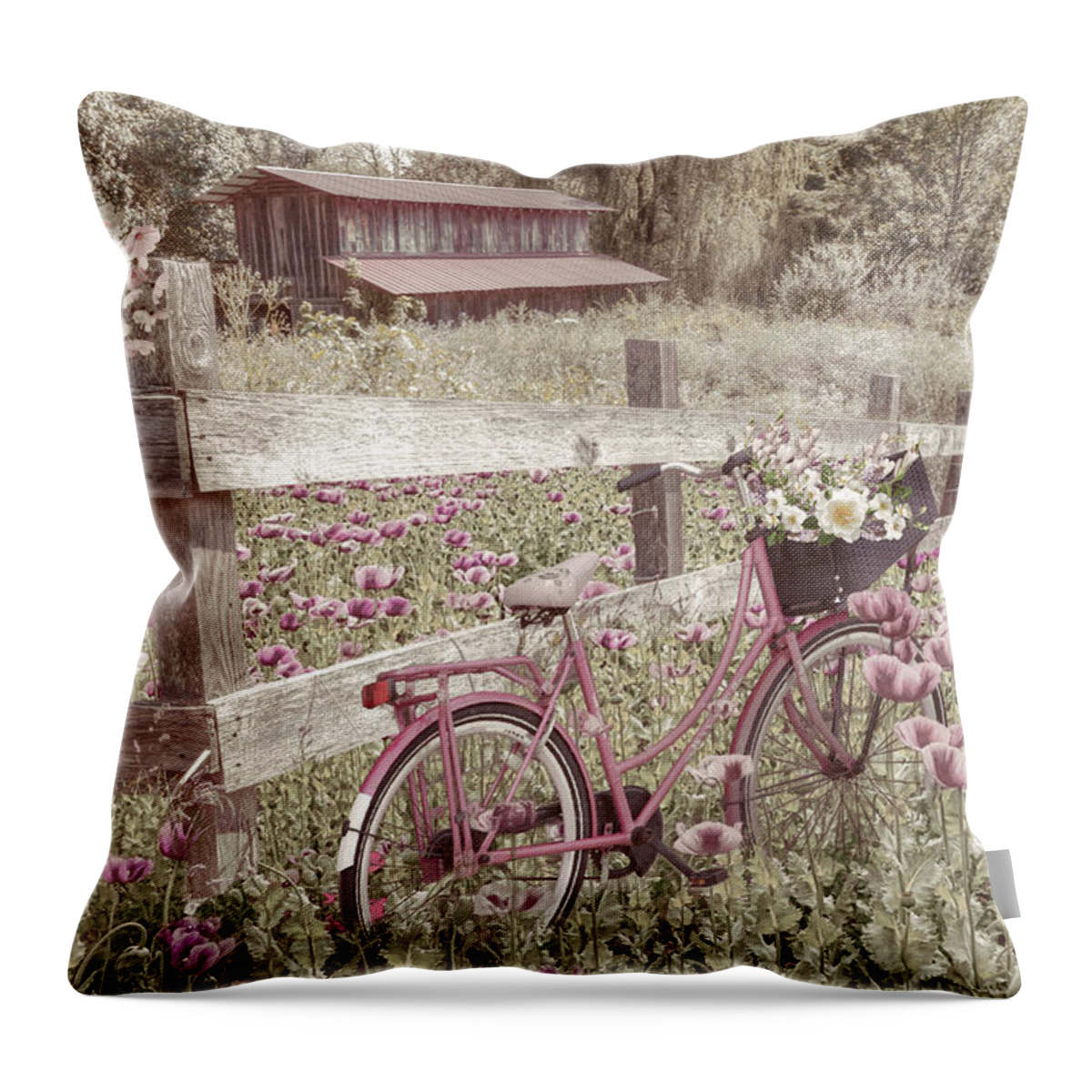 Andrews Throw Pillow featuring the photograph Pink Bicycle in the Farmhouse Poppies by Debra and Dave Vanderlaan