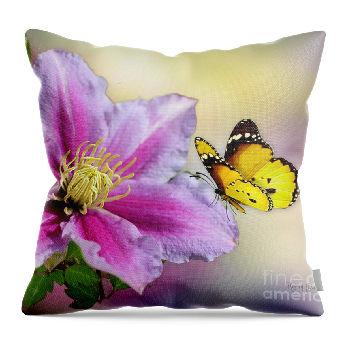 Yellow Butterfly Throw Pillow featuring the mixed media Pink Clematis and Butterfly by Morag Bates