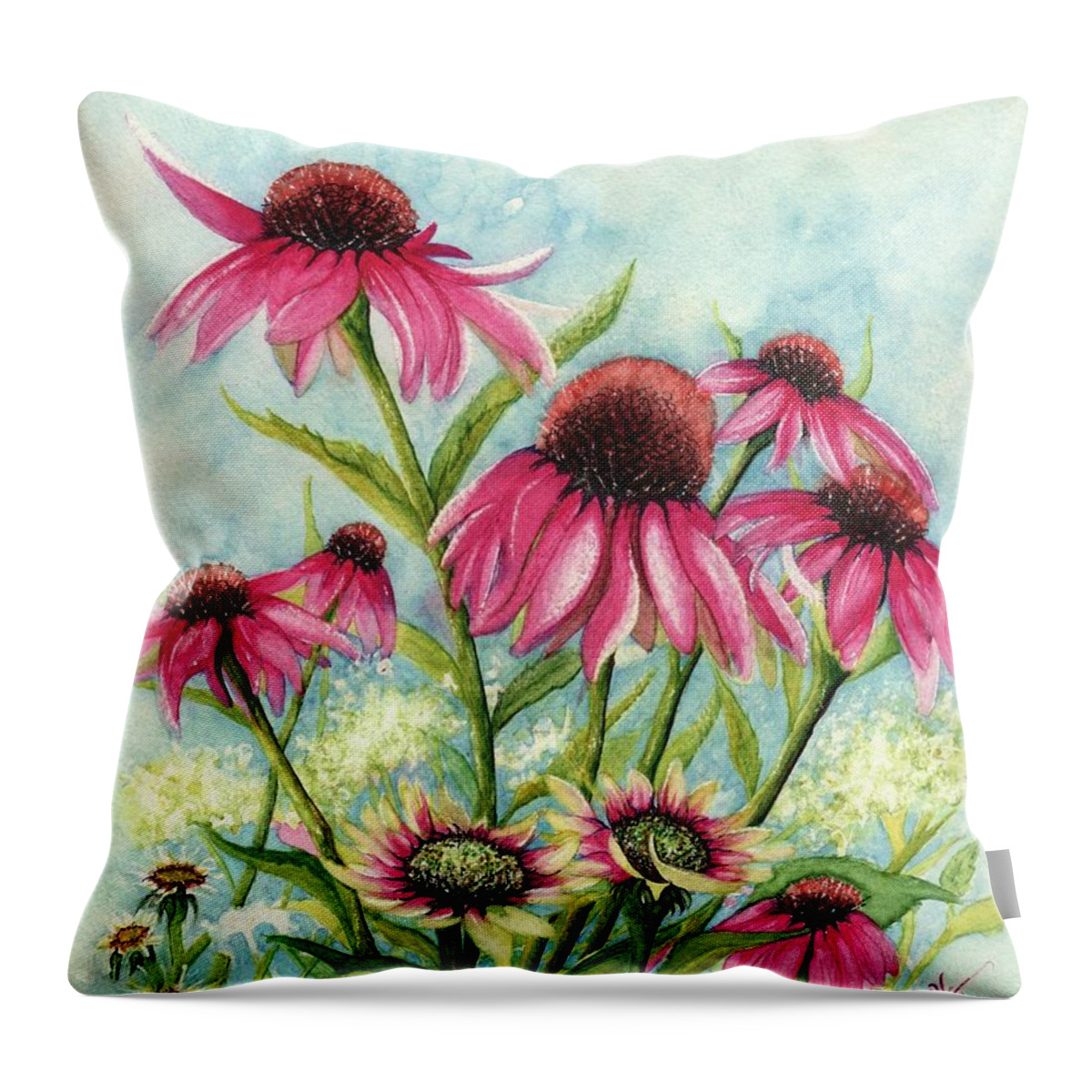 Flower Throw Pillow featuring the painting Pink Coneflowers by Janine Riley