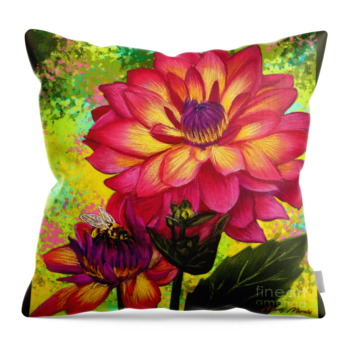 Blue Throw Pillow featuring the painting Pink Dahlia Flowers by Marty's Royal Art