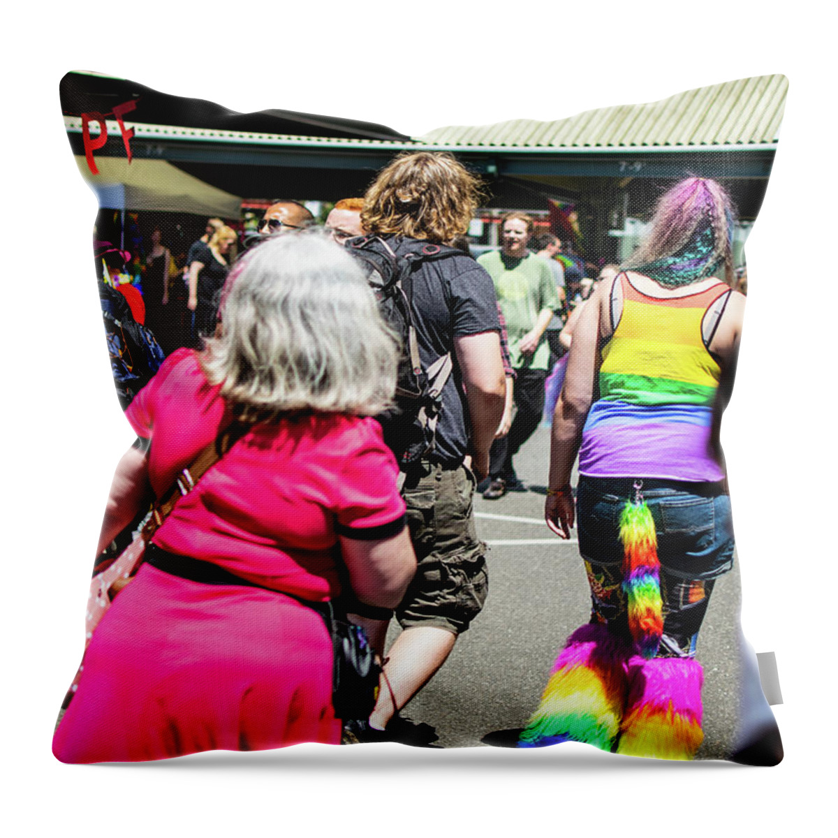 Pink Dress And Rainbow Leggings Throw Pillow featuring the photograph Pink Dress and Rainbow Leggings by Tom Cochran