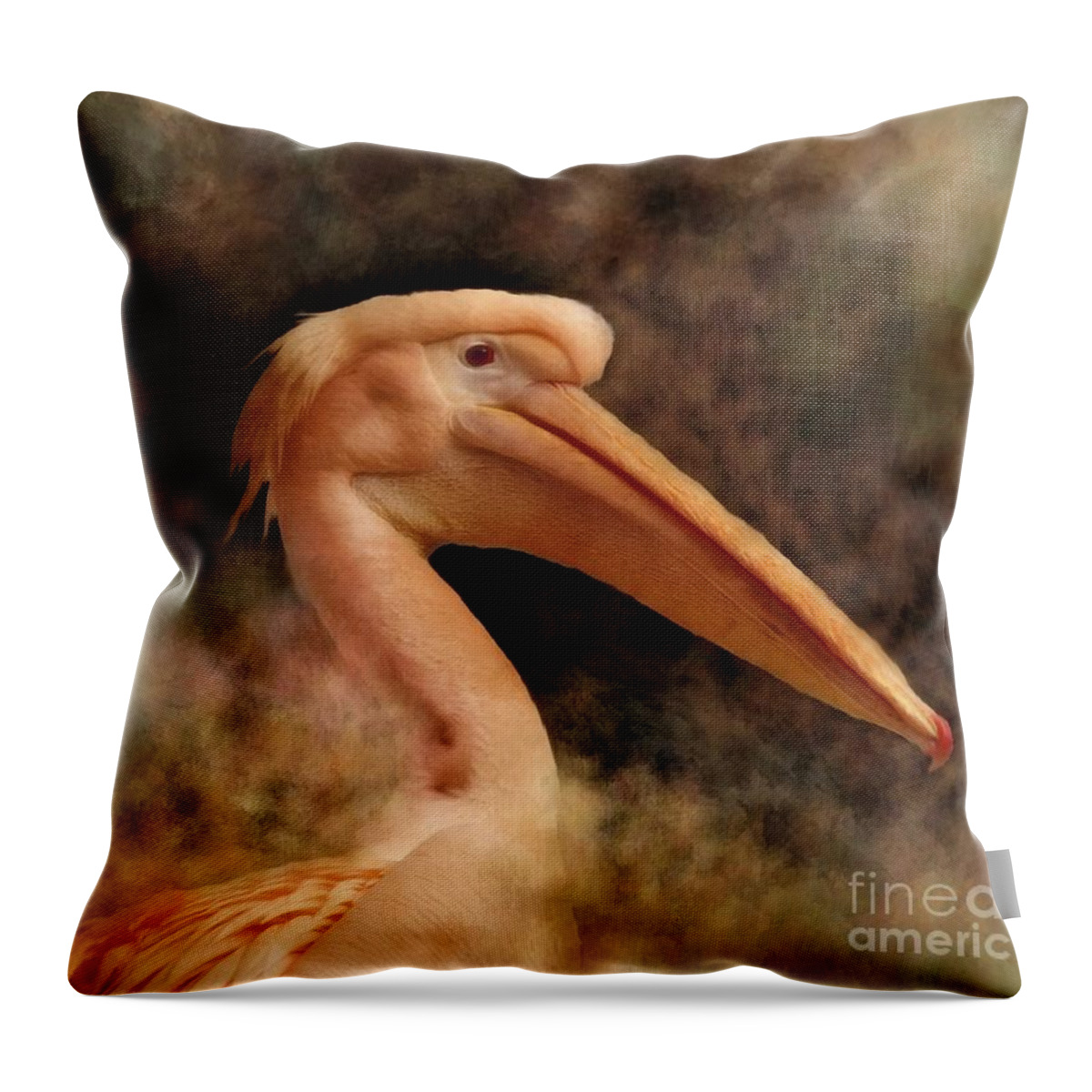 Pelican Throw Pillow featuring the mixed media Pink Pelican Bird 81 by Lucie Dumas