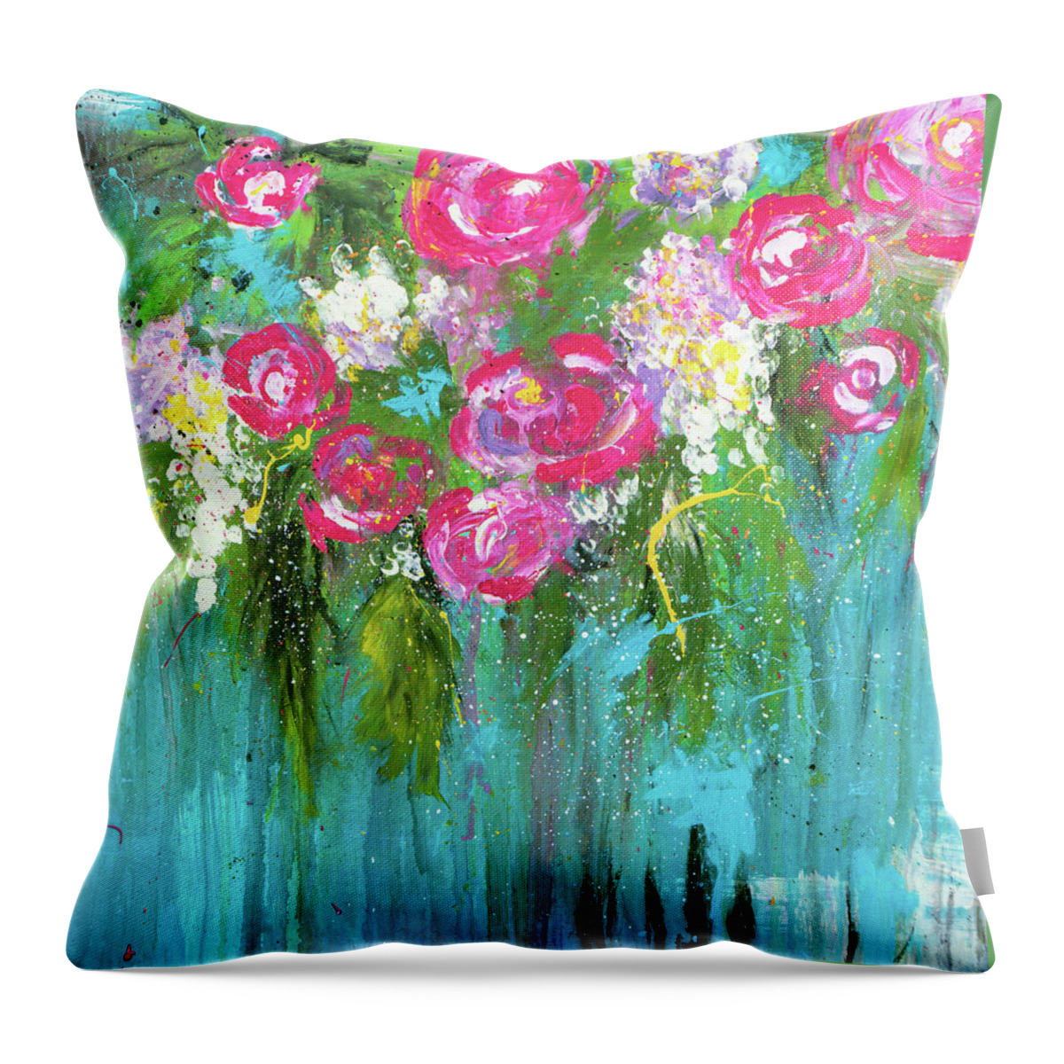 Pink Throw Pillow featuring the painting Pink Rose Bohemian Abstract Floral by Joanne Herrmann