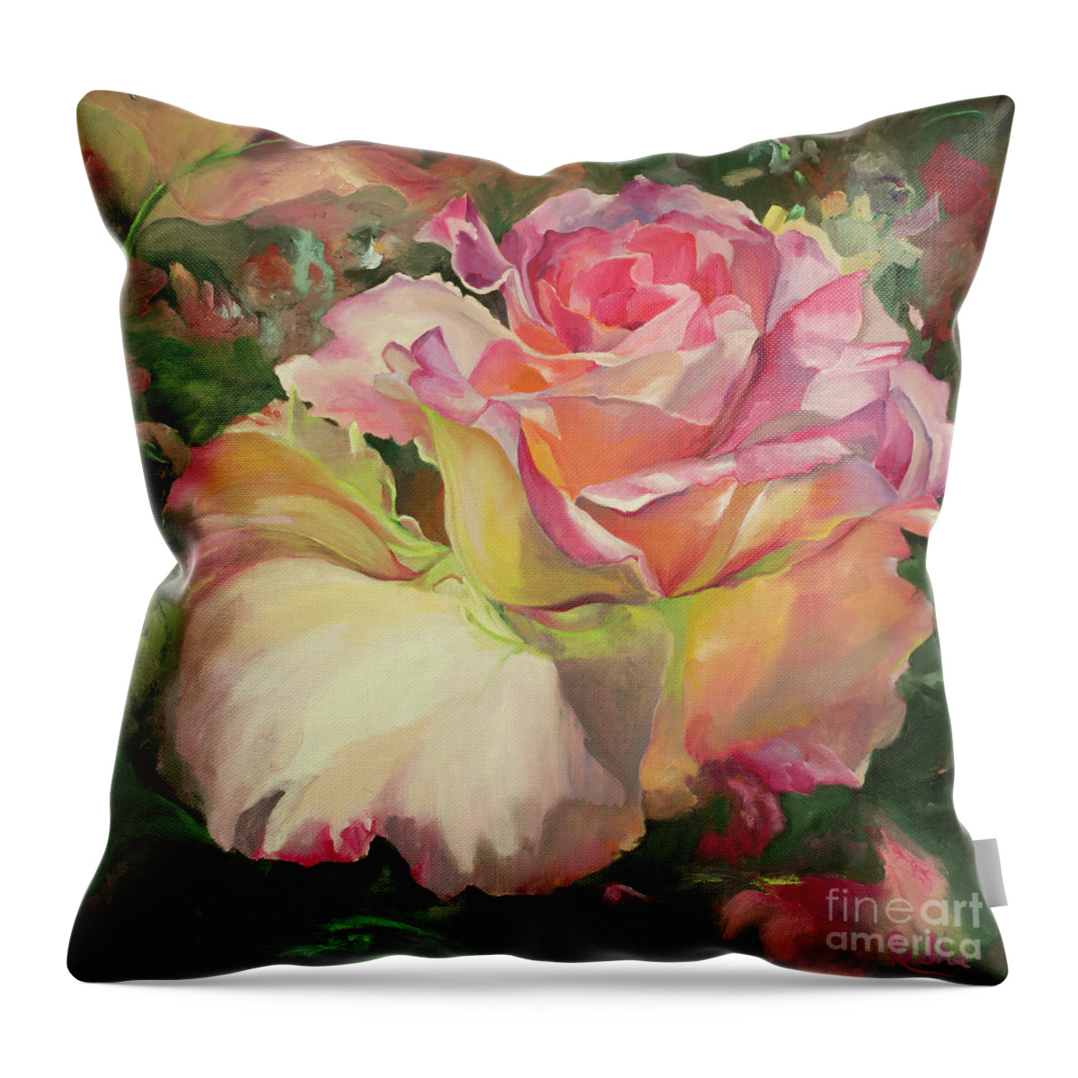 : Flowers Throw Pillow featuring the painting Pink Rose by Radha Rao
