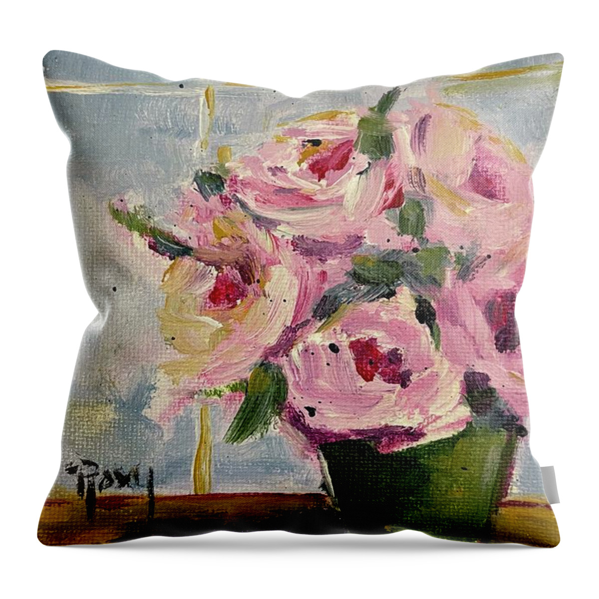Pink Roses Throw Pillow featuring the painting Pink Roses by the Window by Roxy Rich