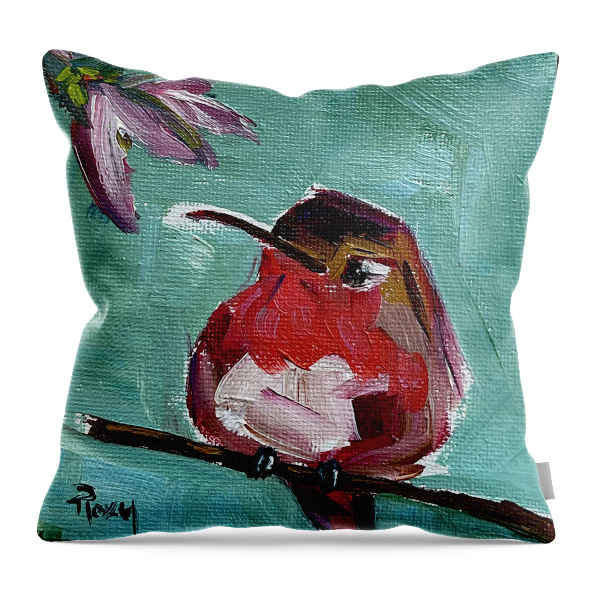 Hummingbird Throw Pillow featuring the painting Pink Throat Hummingbird by Roxy Rich