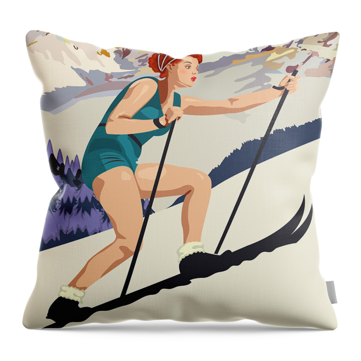 Pinup Throw Pillow featuring the digital art Pinup Girl on Ski School at Colorado Mountains by Long Shot