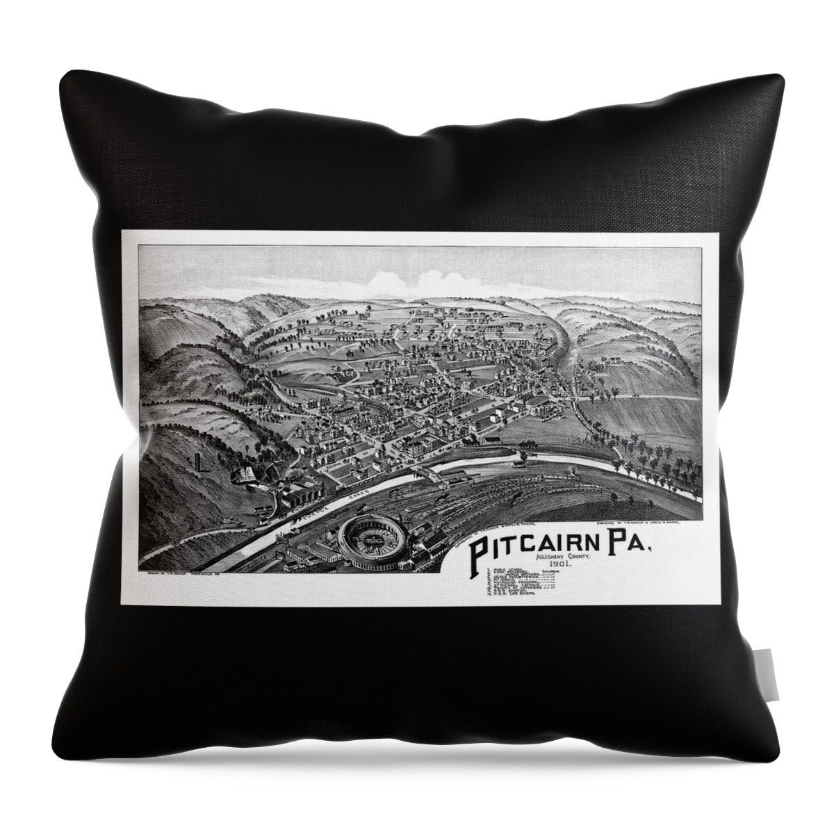 Pitcairn Throw Pillow featuring the photograph Pitcairn Pennsylvania Vintage Map Birds Eye View 1901 Black and White by Carol Japp