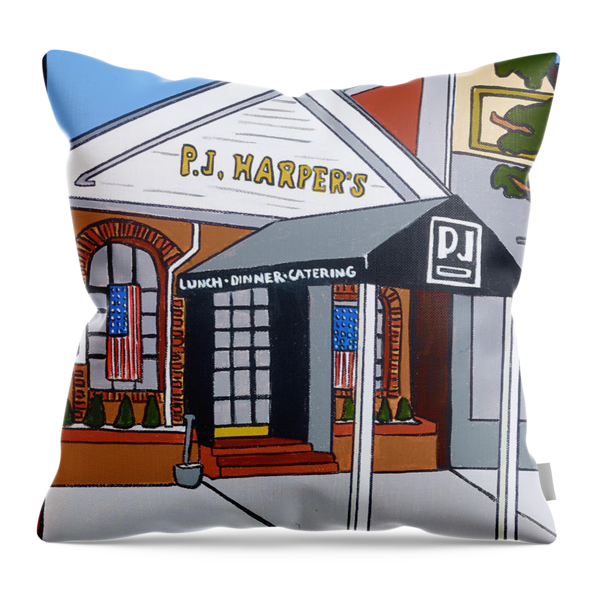 Pj Harpers Valley Stream Pub Restaurant Burgers Food Throw Pillow featuring the painting PJ Harpers by Mike Stanko