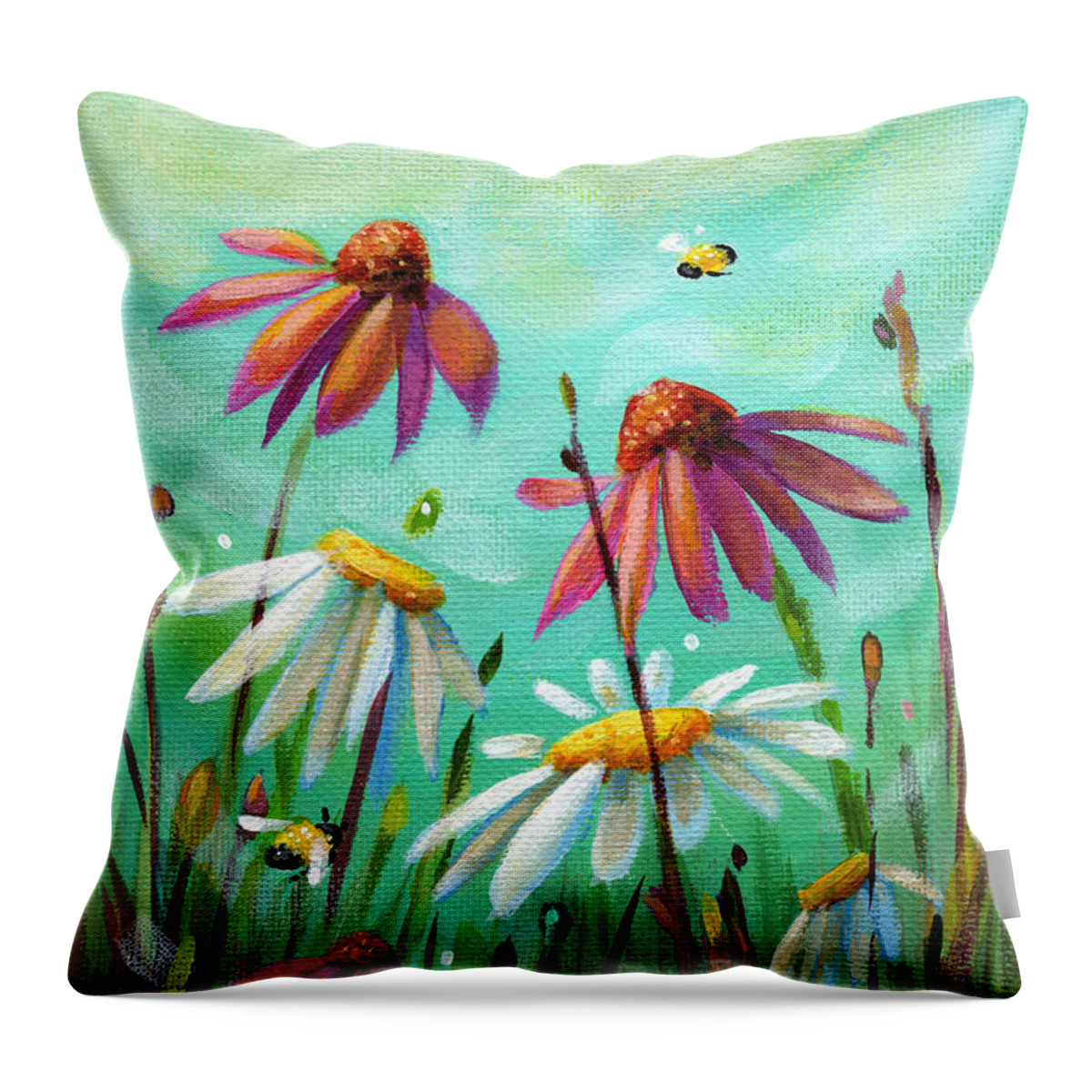 Flowers Throw Pillow featuring the painting Playground Friends - Cone Flowers and Daisies by Annie Troe