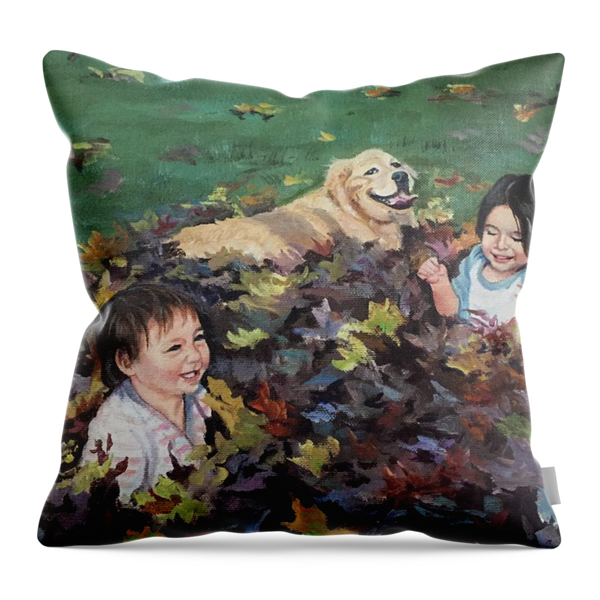 Autumn Throw Pillow featuring the painting Playing in the Leaves by Judy Rixom