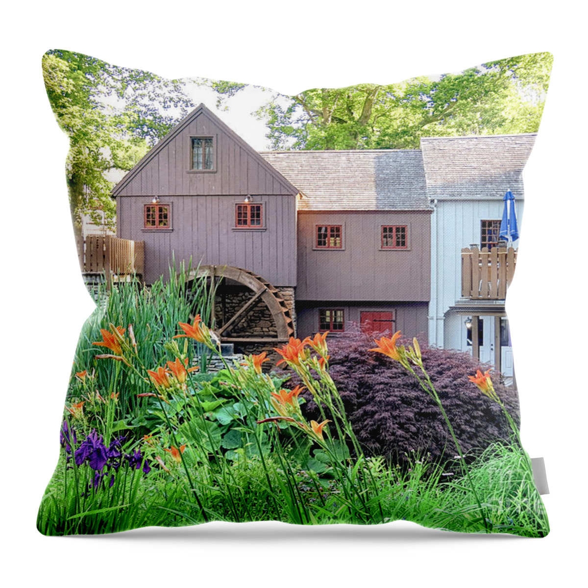 Plimoth Grist Mill Throw Pillow featuring the photograph Plimoth Grist Mill in summer by Janice Drew