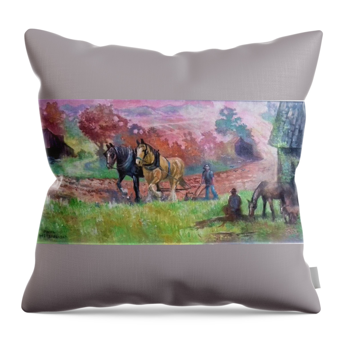 Horses Throw Pillow featuring the painting Ploughing by Paul Weerasekera