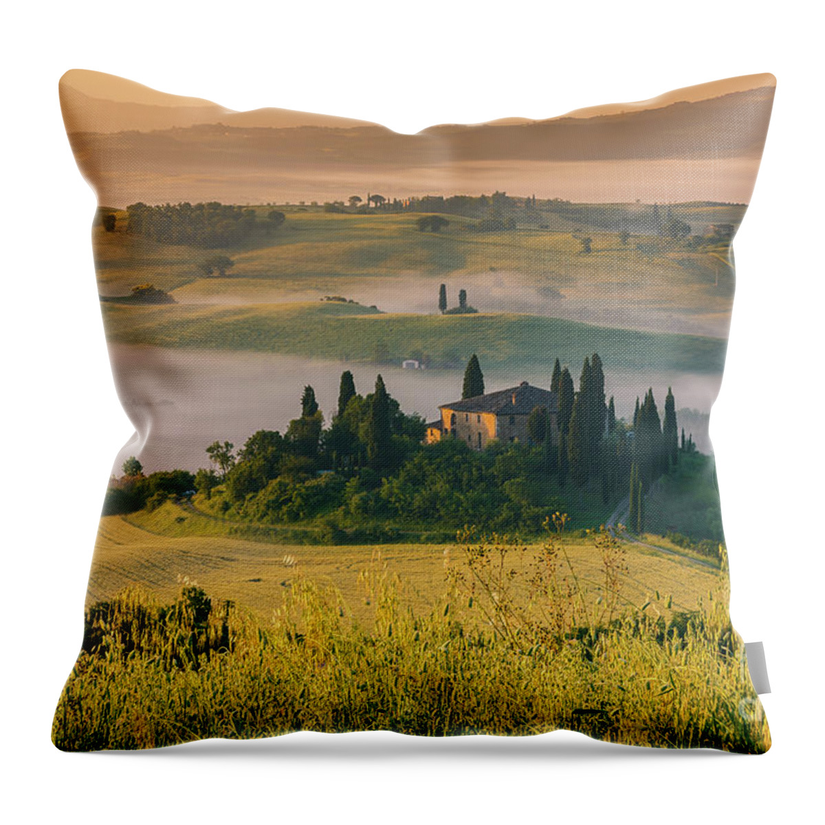San Quirico Throw Pillow featuring the photograph Podere Belvedere in morning light, near between Pienza and San Q by Henk Meijer Photography