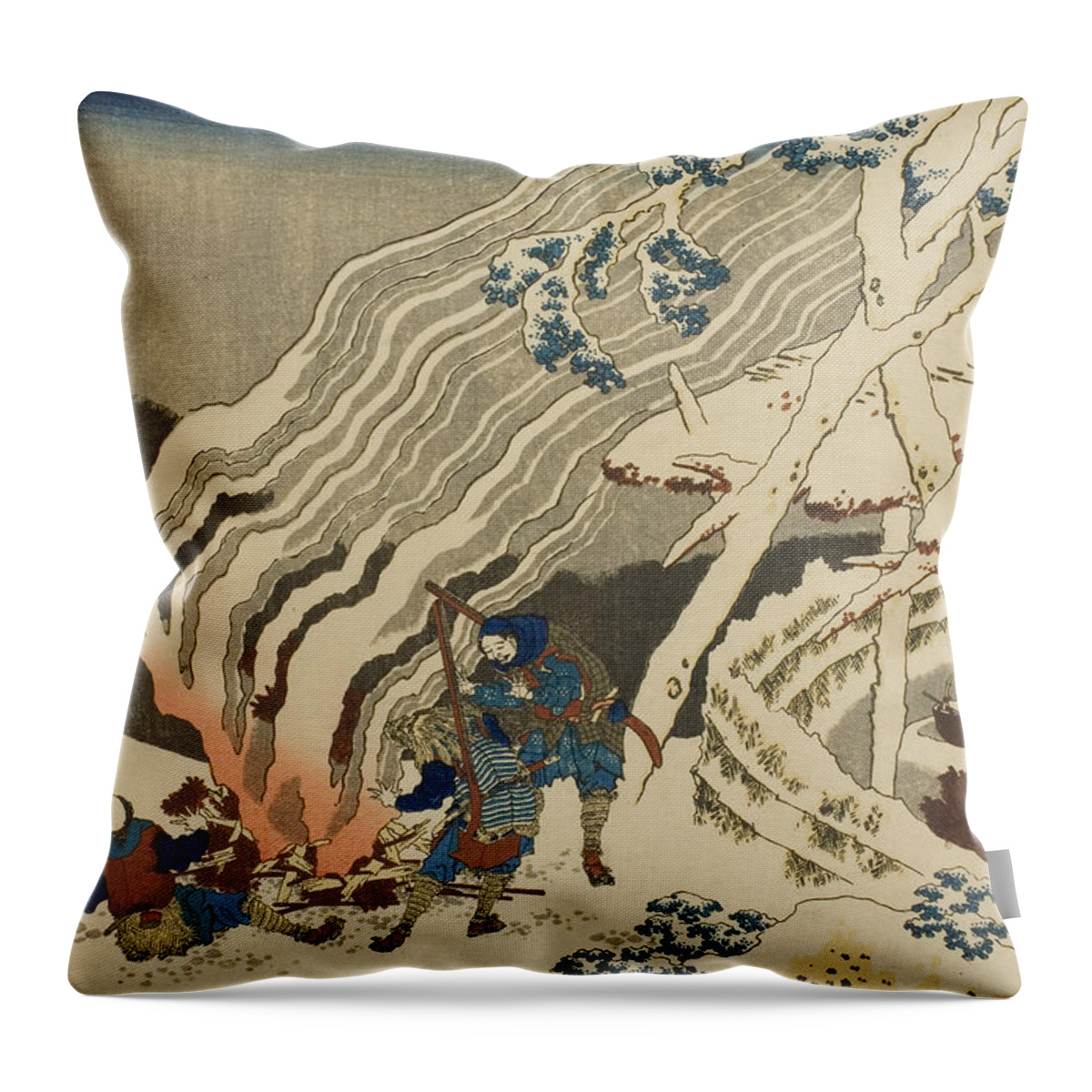 19th Century Art Throw Pillow featuring the relief Poem by Minamoto no Muneyuki Ason, from the series One Hundred Poems Explained by the Nurse by Katsushika Hokusai