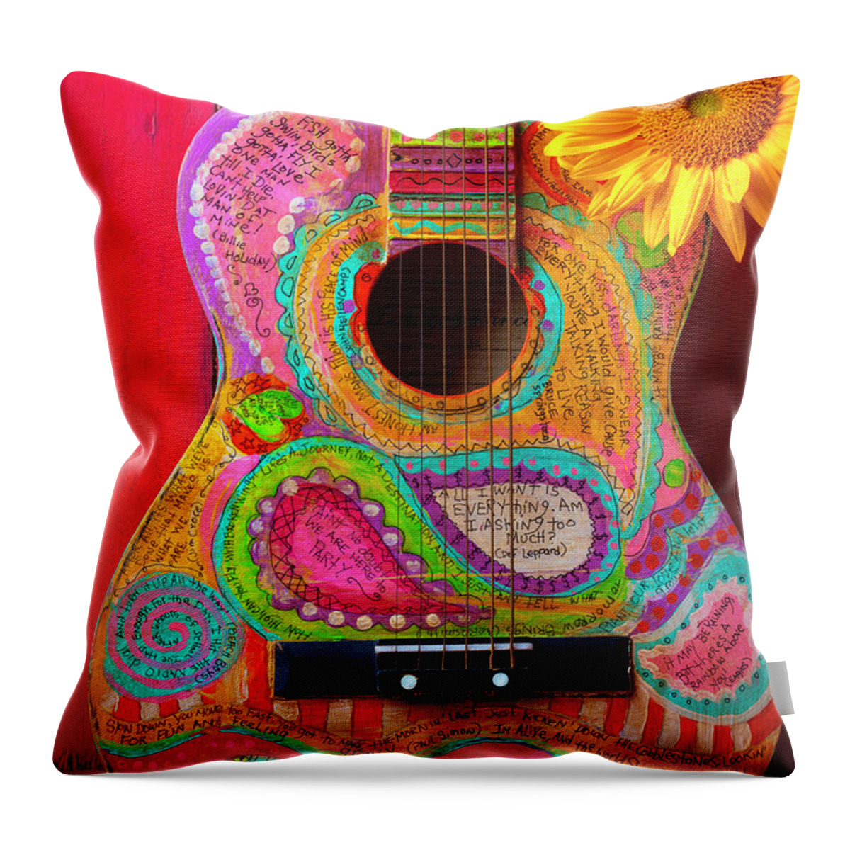 Musical Throw Pillow featuring the photograph Poetry Guitar Leaning Against Red Wall by Garry Gay