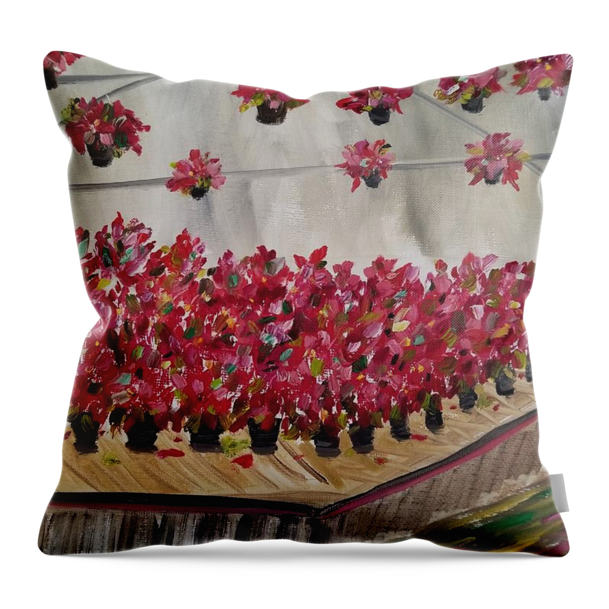 Poinsettia Throw Pillow featuring the painting Poinsettia Greenhouse by Judith Rhue