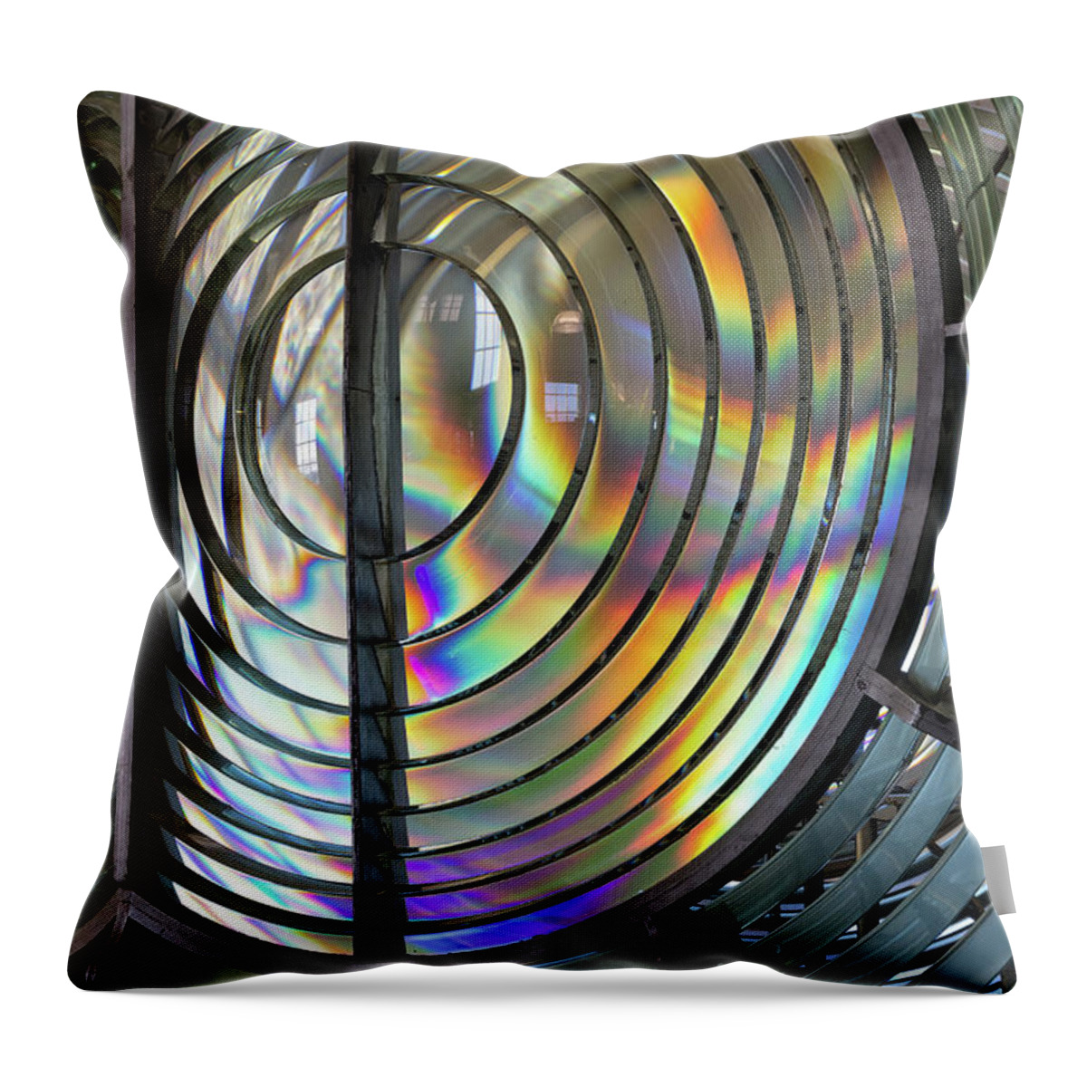 Fresnel Lens Throw Pillow featuring the photograph Point Arena Lighthouse Fresnel Lens Rainbow Abstract by Kathleen Bishop