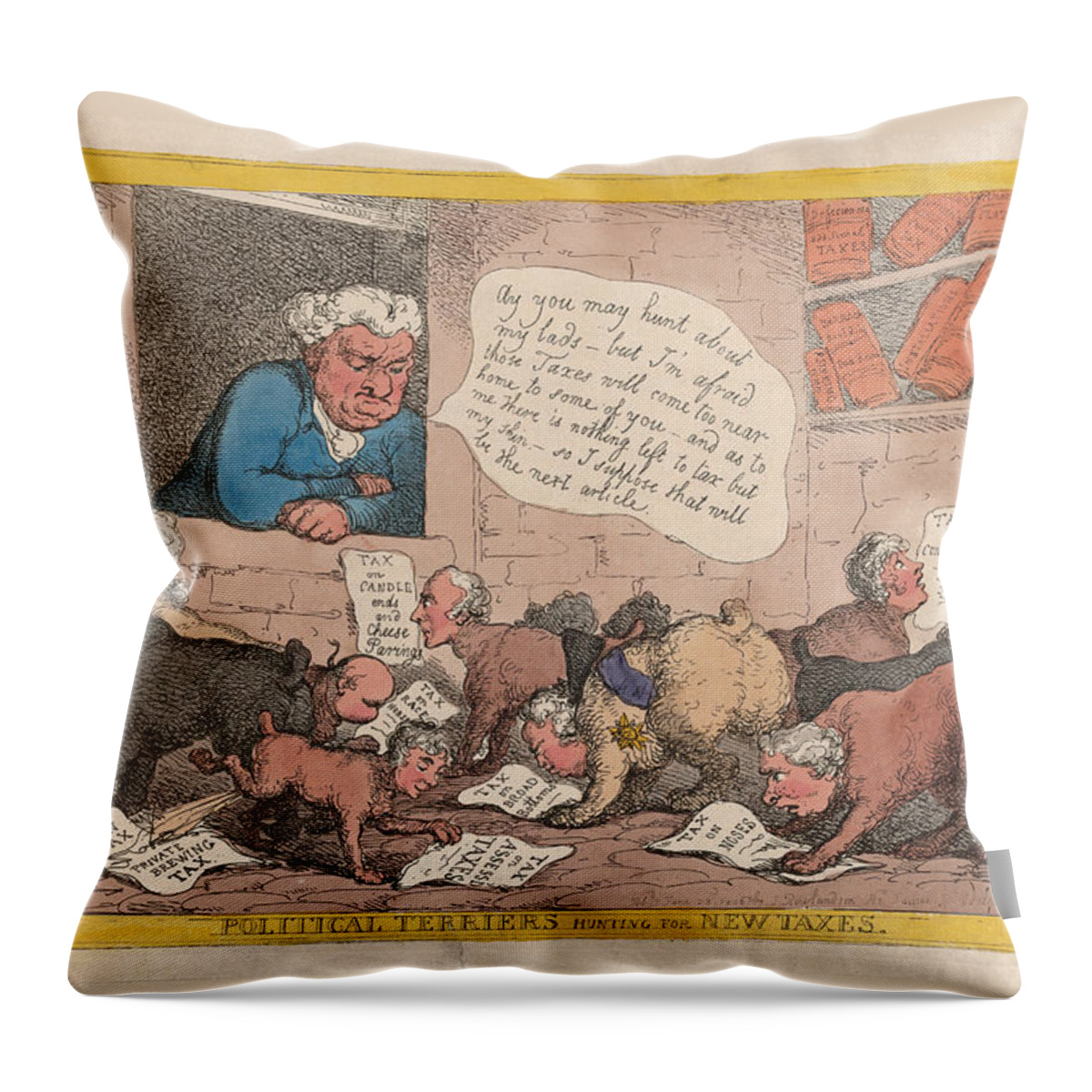 Thomas Rowlandson Throw Pillow featuring the drawing Political Terriers Hunting for New Taxes by Thomas Rowlandson