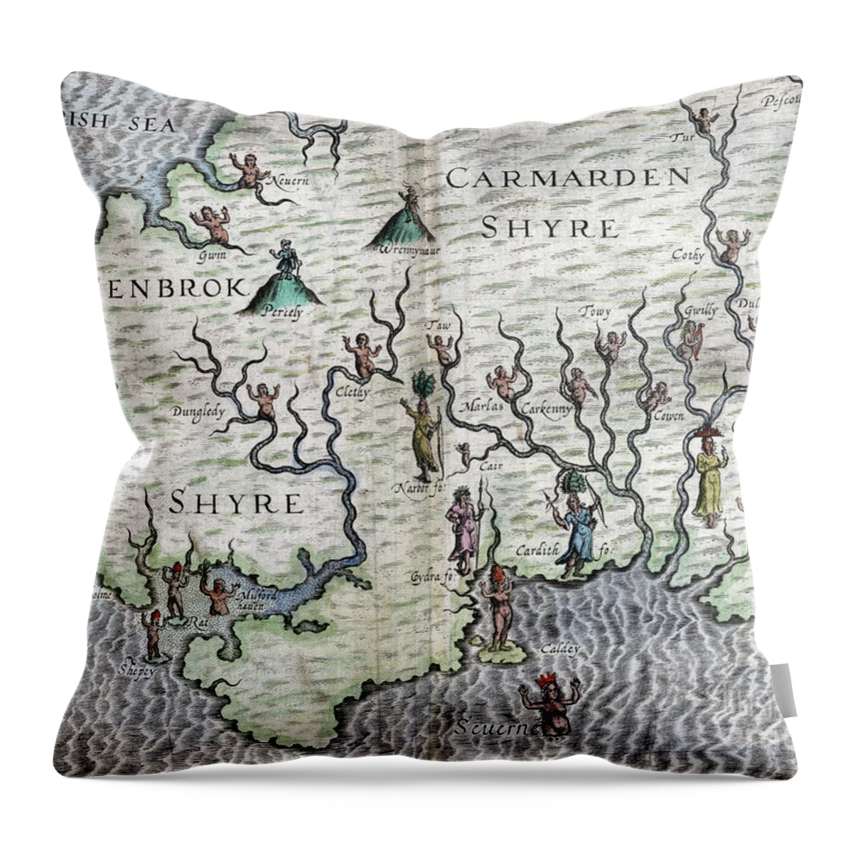 1622 Throw Pillow featuring the drawing Poly-Olbion - Map of Pembrokeshire and Carmarthenshire, Wales by Michael Drayton