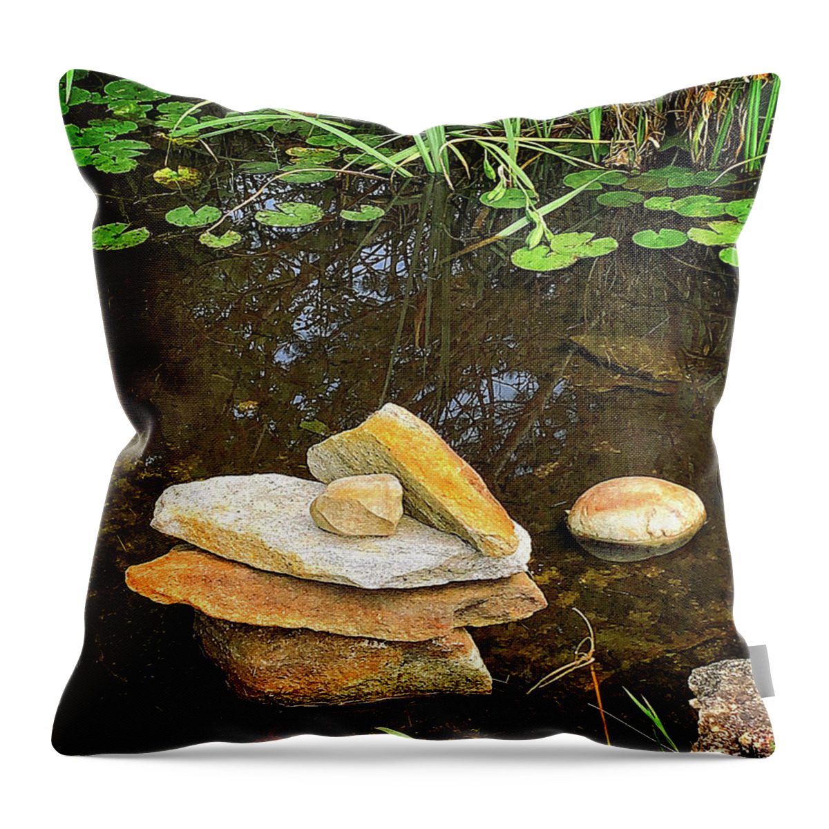 Peace Throw Pillow featuring the digital art Pond Stones by Dee Flouton
