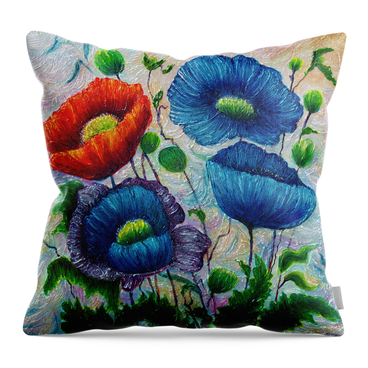Palette Knife Throw Pillow featuring the painting Poppy Dream in Blue and Red by OLena Art by Lena Owens - Vibrant DESIGN